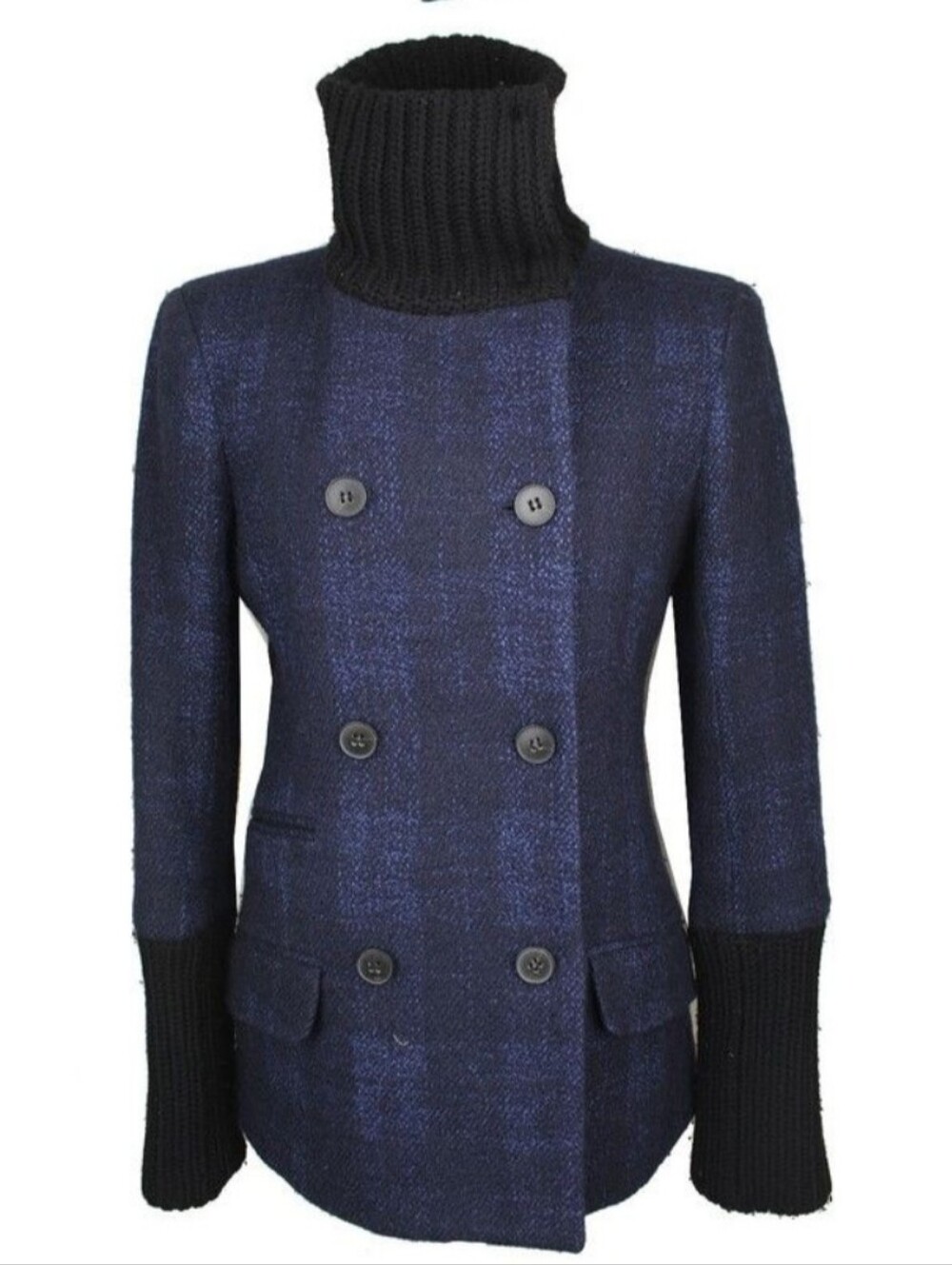 Theory Wool Blend Navy Cable Knit Funnel Neck Pea Coat Double Breasted Sz M
